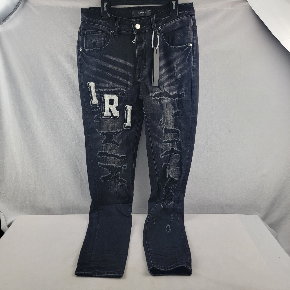 NWT black distressed monogram patch logo jeans in aged black Size 29 - Picture 3 of 7